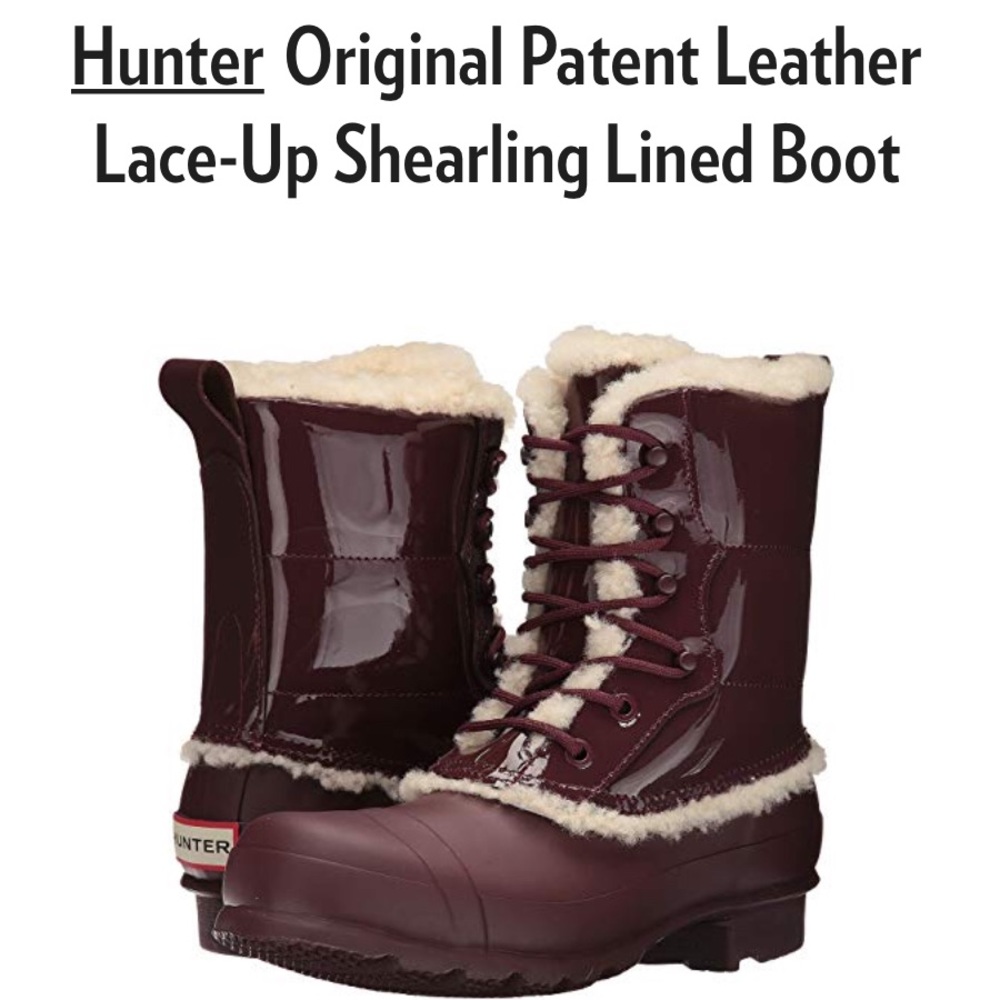 NIB Hunter Patent Leather Lace-Up Shearling Boot